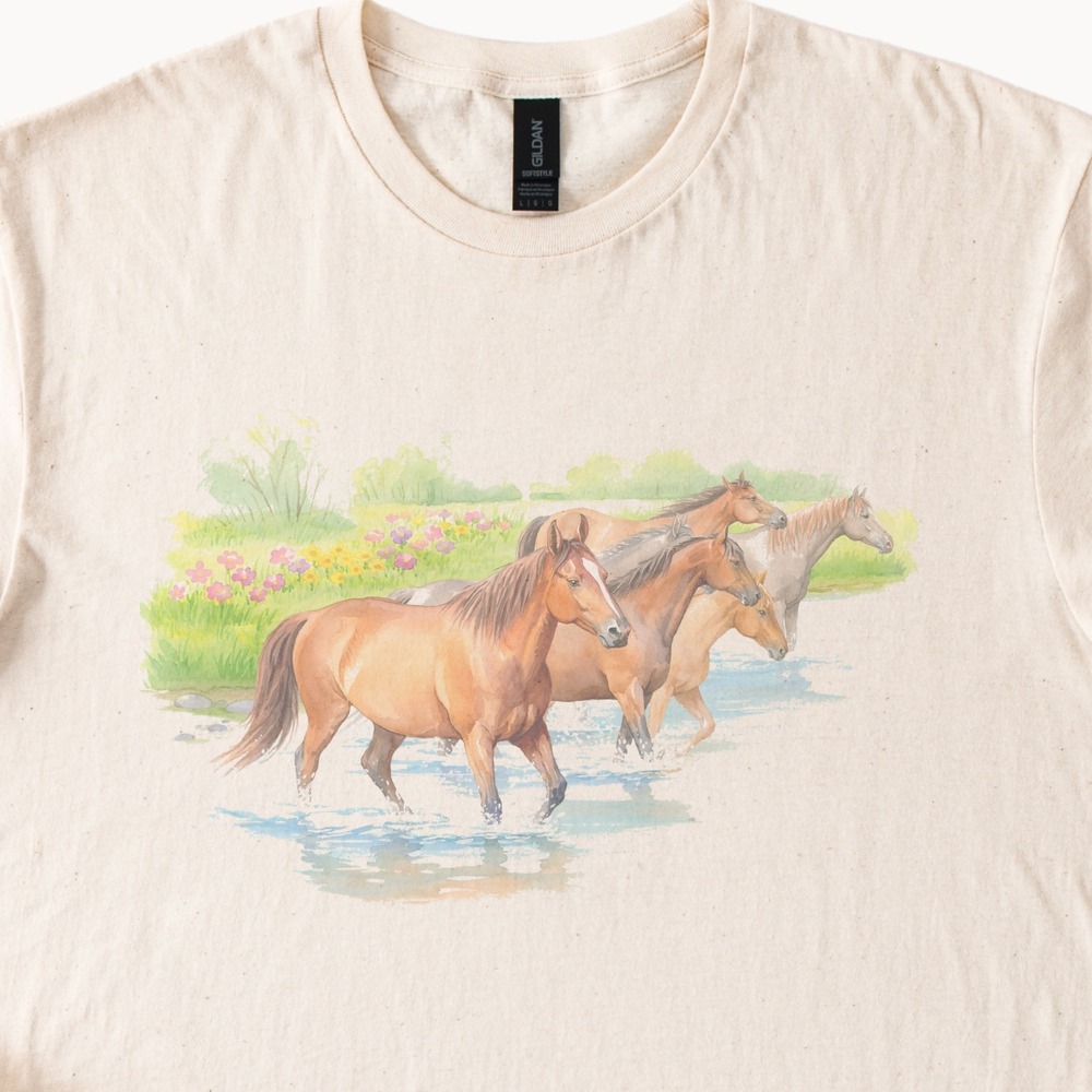 Horses in Meadow Watercolor Graphic Tee Nature Art Peaceful Design